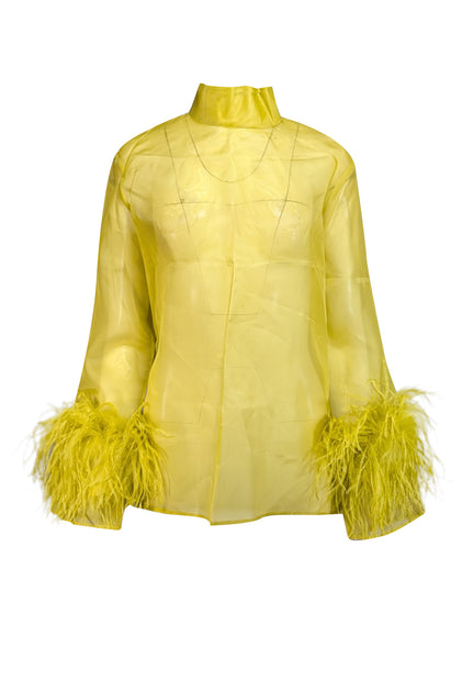 トップス Lig. feather shirt Lapointe - Chartreuse Silk Organza Mock Neck Top w/ Feather Cuffs Sz 6