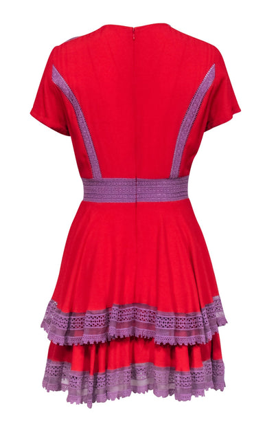 Maje - Red Ruffled A-Line Dress w/ Lavender Lace Trim Sz 4 Maje - Red Ruffled A-Line Dress w/ Lavender Lace Trim Sz 4