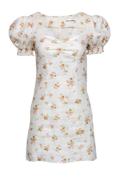 reformation floral mini dress Reformation Brittney Floral Print Crepe Mini Dress size 0 in White Blue
