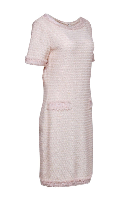 St. John - Light Pink & Cream Tweed Sheath Dress w/ Fringe Accents Sz St. John - Light Pink & Cream Tweed Sheath Dress w/ Fringe Accents Sz
