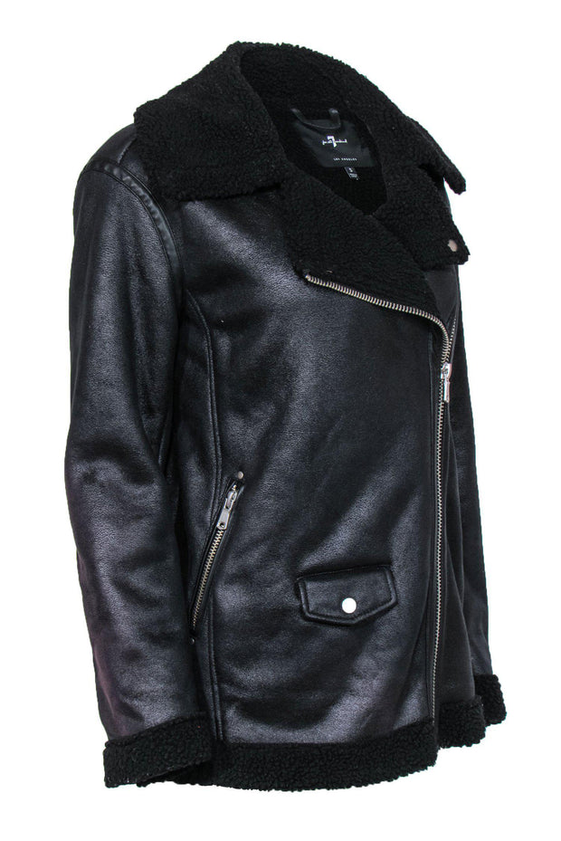 Current Boutique-7 For All Mankind - Black Zip-Up Moto-Style Jacket w/ Faux Shearling Trim Sz S