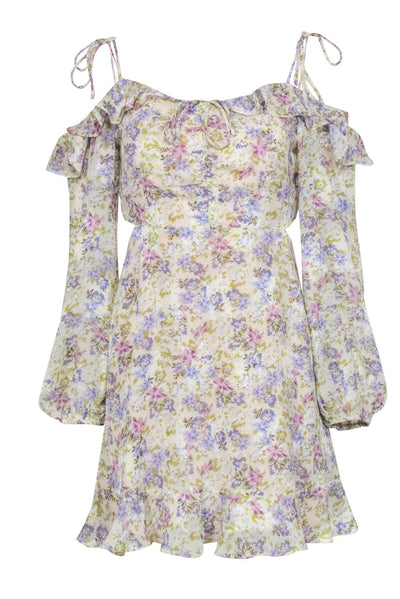 Current Boutique-ASTR the Label - Beige & Multicolor Floral Print Dress w/ Cold Shoulder Cutouts Sz S