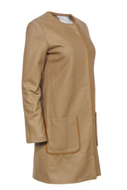 Current Boutique-Adam Lippes - Beige Wool Blend Snap-Up Longline Coat w/ Leather Trim Sz XS