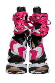 Current Boutique-Alejandra G. - Black & White Chevron Lace-Up "Santiago" Stilettos w/ Pink Rose Tassels Sz 6