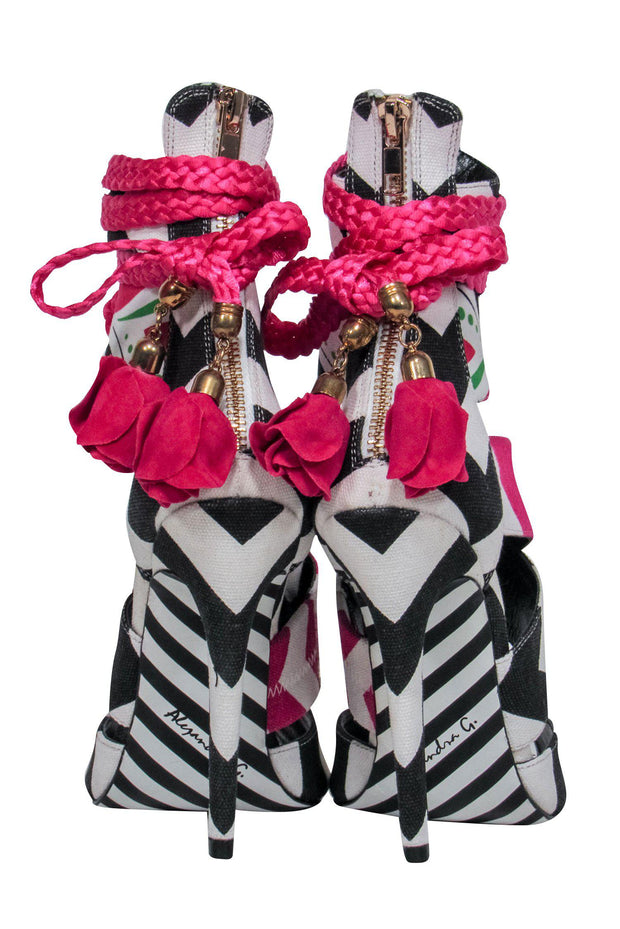 Current Boutique-Alejandra G. - Black & White Chevron Lace-Up "Santiago" Stilettos w/ Pink Rose Tassels Sz 6