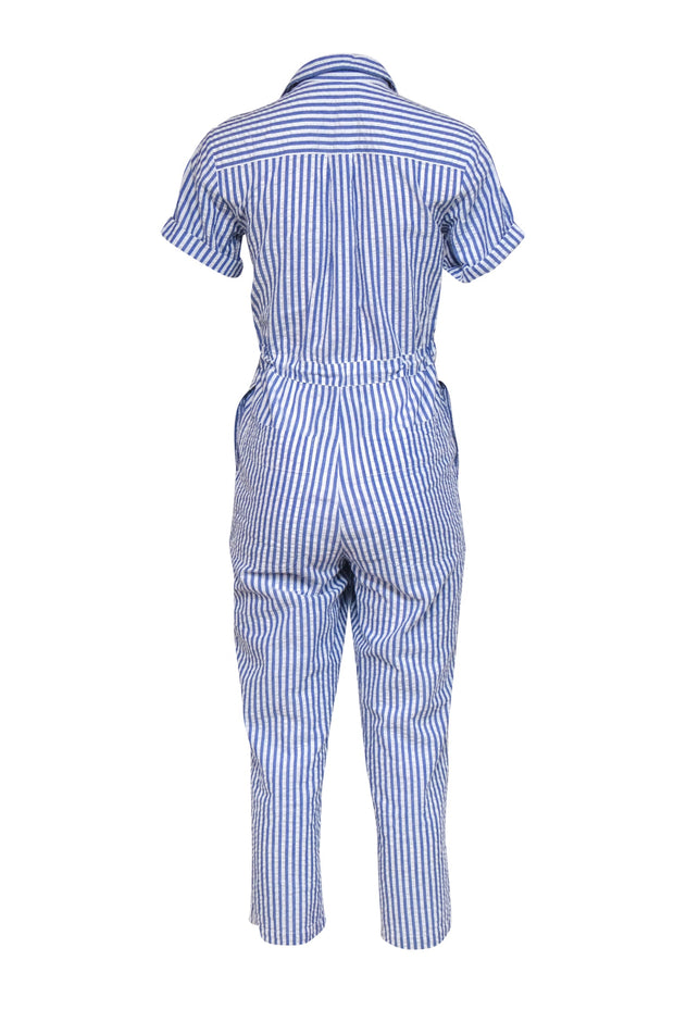 Current Boutique-Alex Mill - Blue & White Striped Seersucker Straight Leg Jumpsuit w/ Rope Drawstring Sz XS