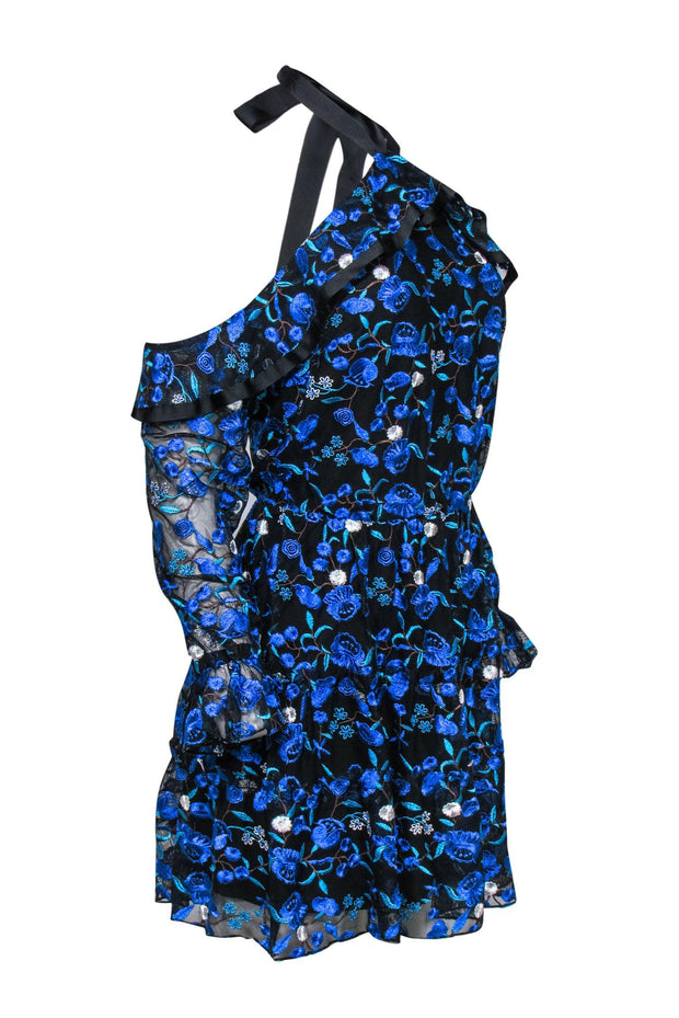 Current Boutique-Alexia Admor - Black, Blue & White Floral Embroidery Ruffle Dress Sz 4