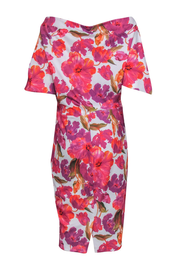 Current Boutique-Alexia Admor - White, Purple & Pink Floral Print Cowl Neck Sheath Dress Sz L
