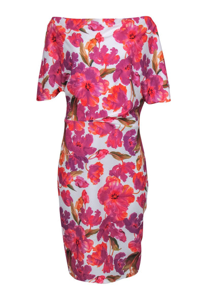 Current Boutique-Alexia Admor - White, Purple & Pink Floral Print Cowl Neck Sheath Dress Sz L