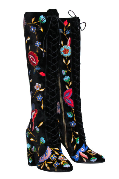 Current Boutique-Alice & Olivia - Black Velvet Embroidered Lace-Up Heeled Knee High Boots Sz 6