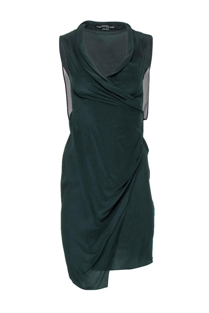 All Saints - Dark Green Silk Midi Dress w/ Surplice Neckline