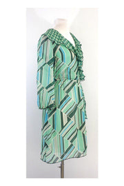 Current Boutique-Anna Sui - Green & Blue Geo Print Silk Ruffle Dress Sz 2
