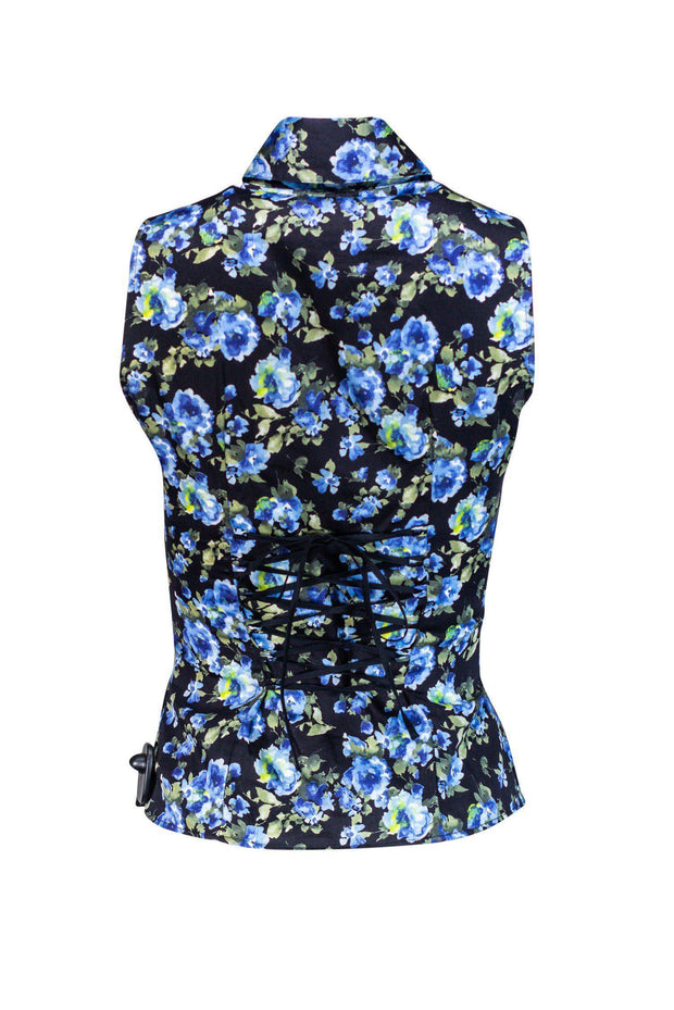Current Boutique-Anne Fontaine - Black Ruffle Blouse w/ Blue Floral Print Sz 6