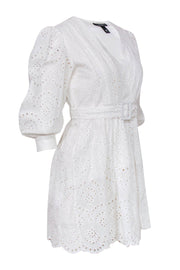 Current Boutique-Aqua Cashmere - White Cotton Eyelet Belted Dress w/ Puffed Sleeves Sz S