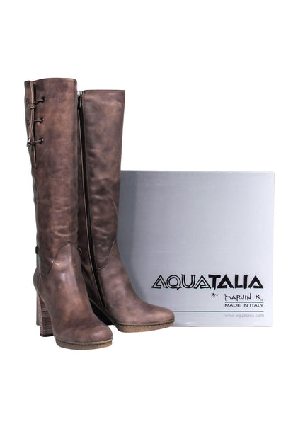 Aquatalia Brown Leather Waterproof Heeled Over the Knee Boots