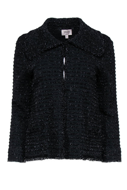 Armani Collezioni Black Metallic Fuzzy Textured Clasped Knit Blazer