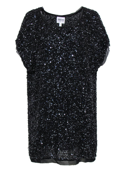Current Boutique-Armani Collezioni - Black Sequin & Beaded Short Sleeve Shift Dress Sz 4