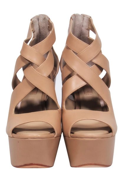 BCBG Max Azria Beige Leather Chunky Platform Crisscross Strap