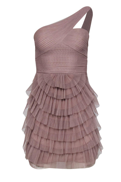 Current Boutique-BCBG Max Azria - Beige Pleated Tulle One Shoulder Sheath Dress w/ Tiered Skirt Sz 0