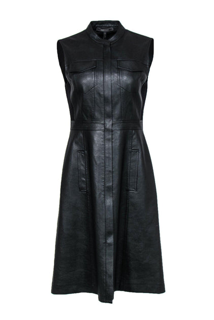 BCBG Max Azria Black Faux Leather Fitted Utility Style Dress Sz