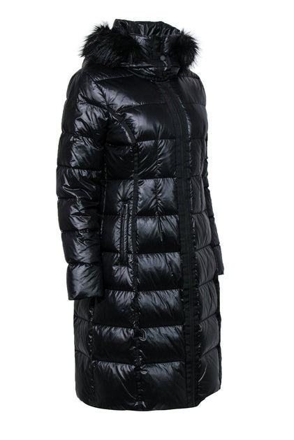 BCBG Max Azria Black Longline Zip Up Hooded Puffer Coat w