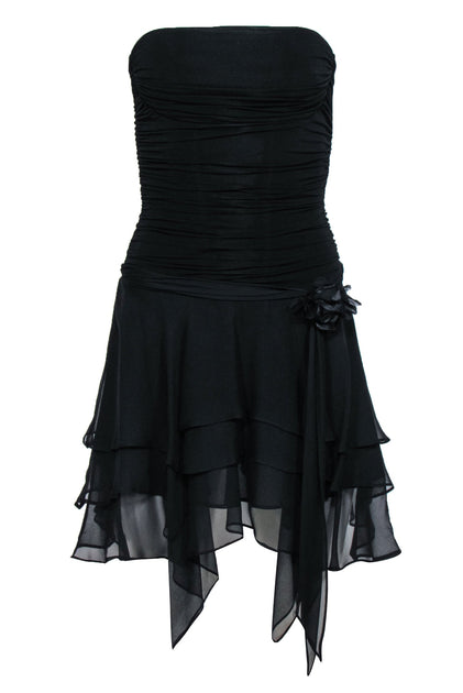 BCBG Max Azria Black Strapless Mini Dress w Handkerchief Hem