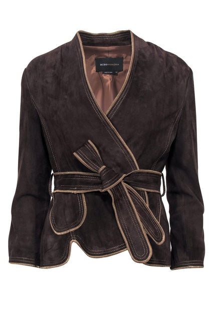 BCBG Max Azria Brown Suede Open Front Jacket w Tie Belt Sz S