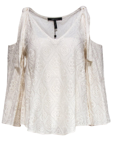 BCBG Max Azria Cream Embroidered Cold Shoulder Blouse Sz M