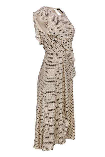 BCBG Max Azria Cream Navy Floral Polka Dot Ruffle Faux Wrap