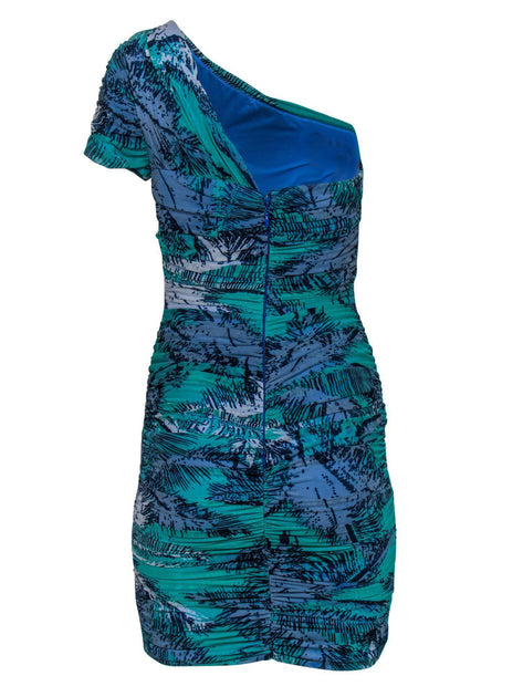 BCBG Max Azria Green Blue Printed Ruched One Shoulder Bodycon