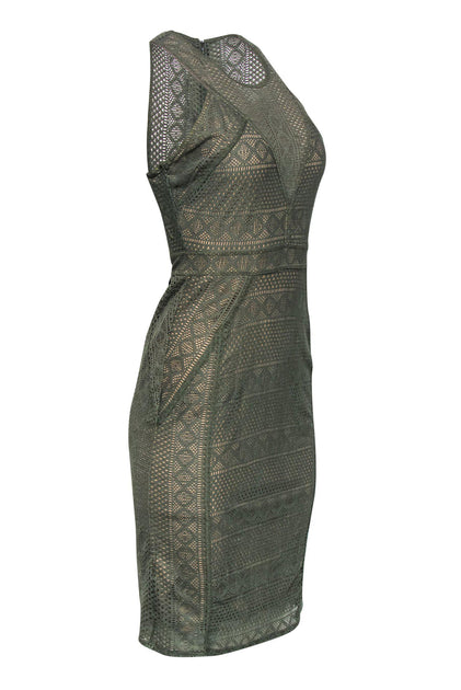 BCBG Max Azria Olive Green Geometric Net Overlay Dress Sz S