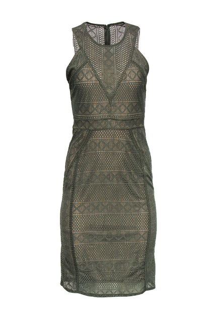 BCBG Max Azria Olive Green Geometric Net Overlay Dress Sz S