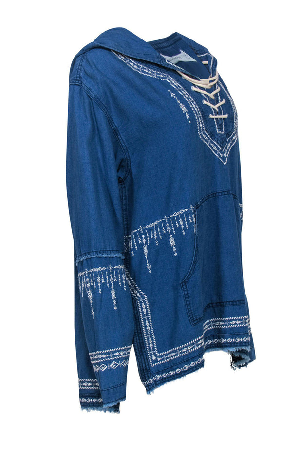 Current Boutique-BLANKNYC - Denim Embroidered Tunic Hoodie w/ Frayed Trim Sz M