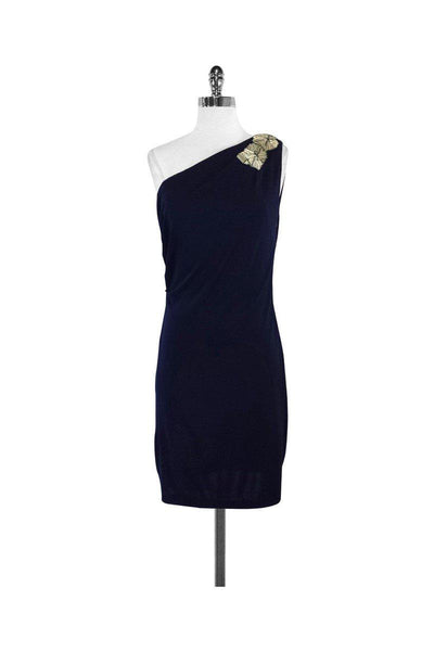 Current Boutique-Badgley Mischka - Navy Embellished One Shoulder Dress Sz 8