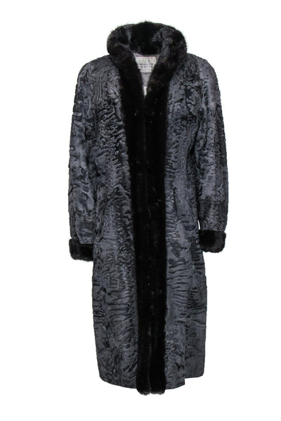 Current Boutique-Barbatsuly Bros. - Grey Textured Longline Clasped Fur Coat w/ Brown Fur Trim Sz M