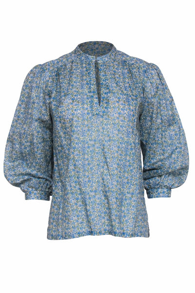 Current Boutique-Birds of Paradis by Trovata - Teal & Olive Smock Blouse w/ Ditsy Floral Print Sz S