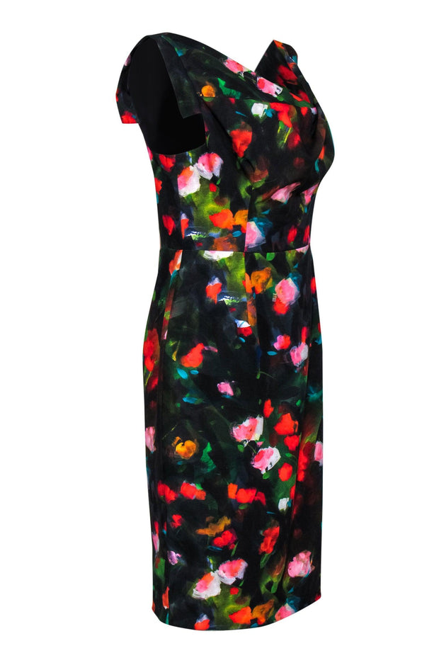 Current Boutique-Black Halo - Black Painted Abstract Floral Draped Sheath Dress Sz 12