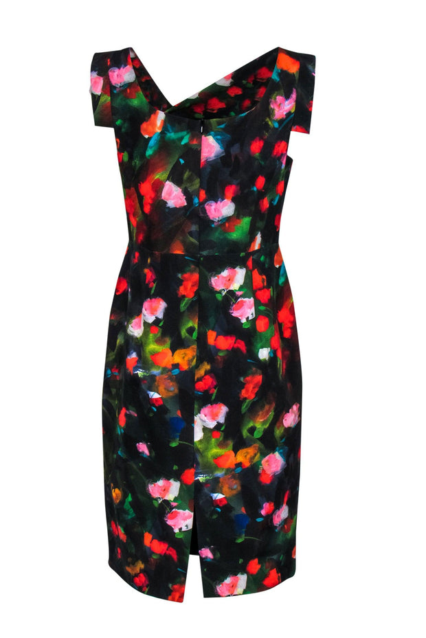 Current Boutique-Black Halo - Black Painted Abstract Floral Draped Sheath Dress Sz 12