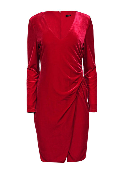 Current Boutique-Black Halo - Red Velvet Ruched Long Sleeve Bodycon Dress Sz 12