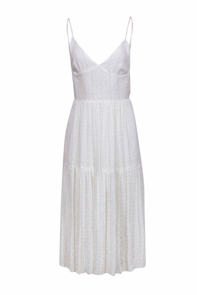 Current Boutique-Blue Life - White & Metallic Gold Stripe Backless Textured Dot Maxi Dress Sz XS