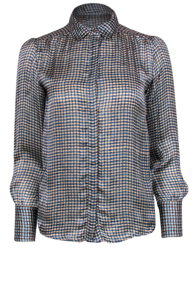 Current Boutique-Brora - Teal, Beige & Brown Plaid Button-Up Silk Blouse Sz 6