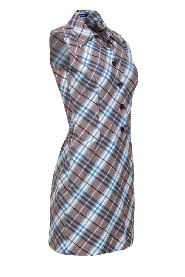 Current Boutique-Burberry Blue Label - Light Brown, Blue & White Tartan Print Sheath Dress Sz 4