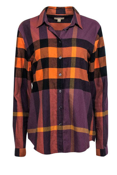 Current Boutique-Burberry Brit - Dark Purple, Orange & Black Plaid Button-Up Flannel Sz L
