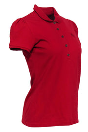 Current Boutique-Burberry Brit - Red Half Button-Up Puff Sleeve Polo w/ Logo Embroidery Sz M