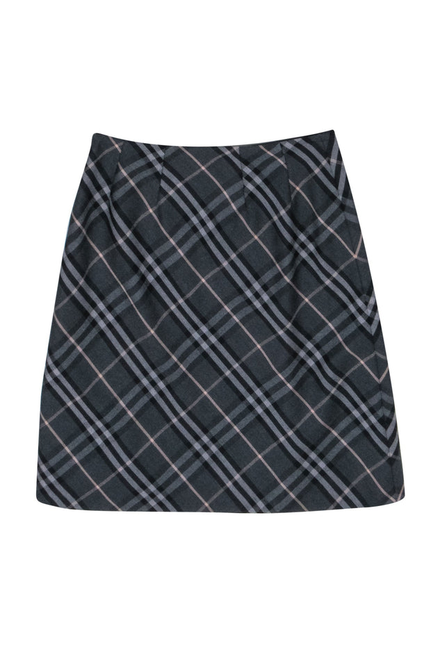 Current Boutique-Burberry - Grey & Black Plaid Wool Midi Skirt Sz 6