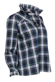 Current Boutique-CK Bradley - Green, Blue & White Plaid Long Sleeve Top w/ Ruffle Sz S