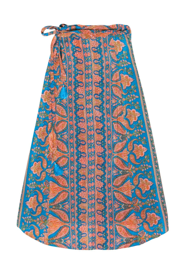 Current Boutique-Calypso - Blue, Orange & Pink Paisley Print Silk Wrap Maxi Skirt Sz XS