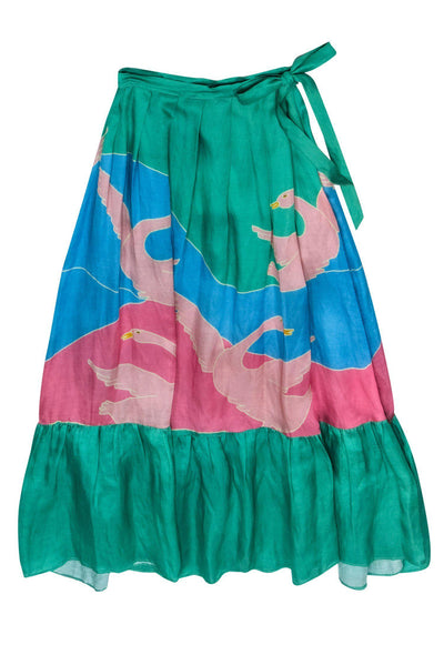 Current Boutique-Carolina K - Green, Pink & Blue "Bathing Birds" Maxi Skirt w/ Ruffle Hem Sz XS