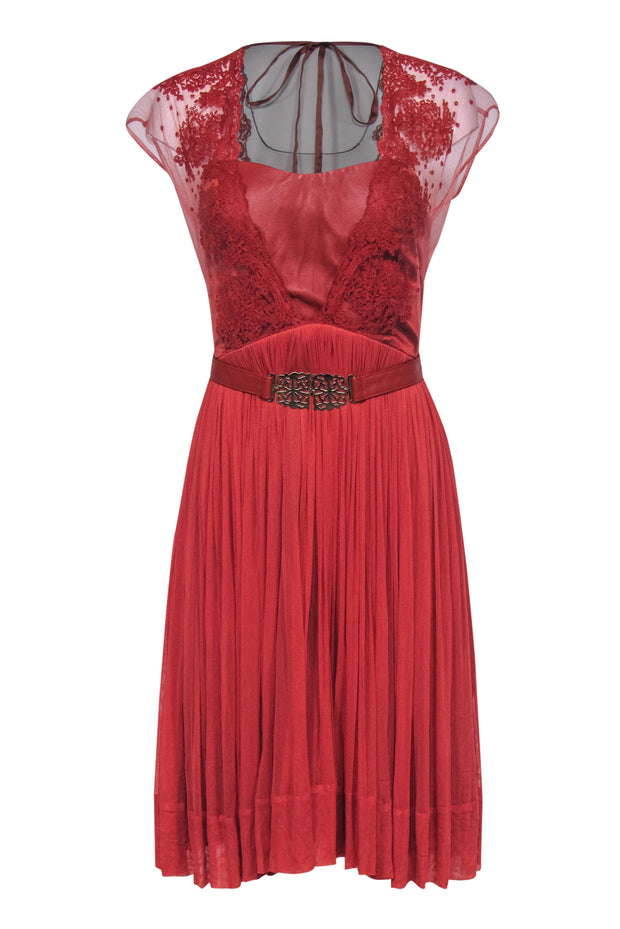 Current Boutique-Catherine Deane - Burnt Orange Belted “Paige” A-Line Dress w/ Leather & Lace Bodice Sz 10