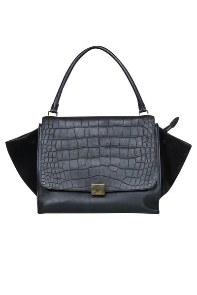 Current Boutique-Celine - Black Leather Reptile Embossed Fold-Over Handbag